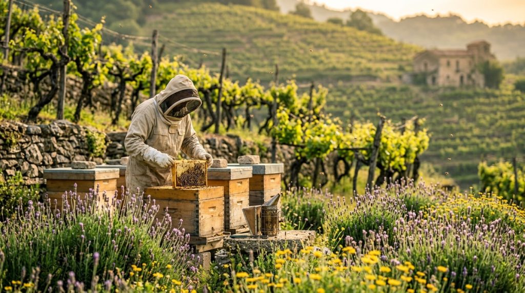 Apicultor trabajando con un cuadro junto a varias colmenas entre flores y viñedos.